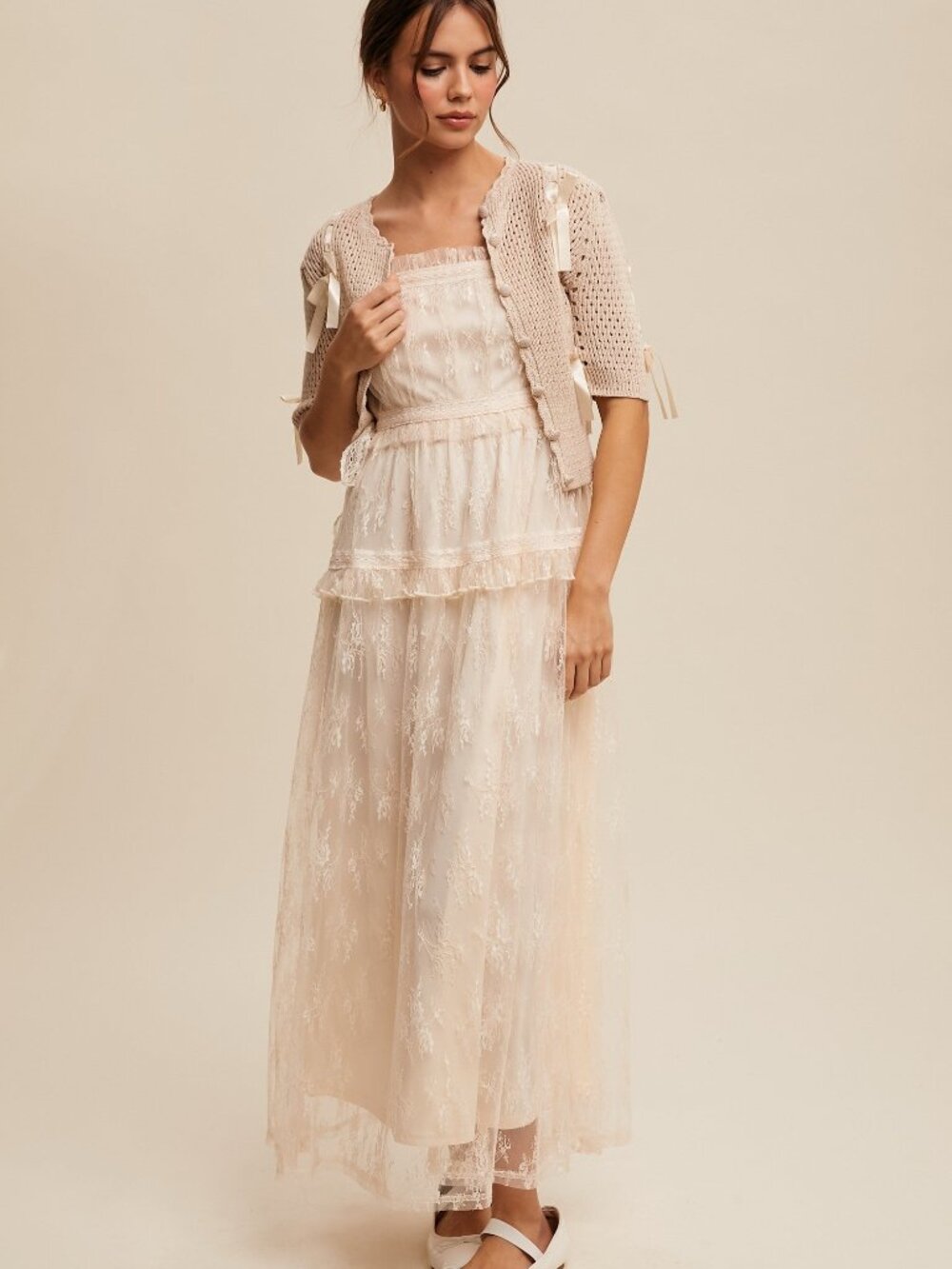 The Thia Romantic Boho Lace Maxi Dress in Coquette Cream Size L - NWT - Picture 2 of 6